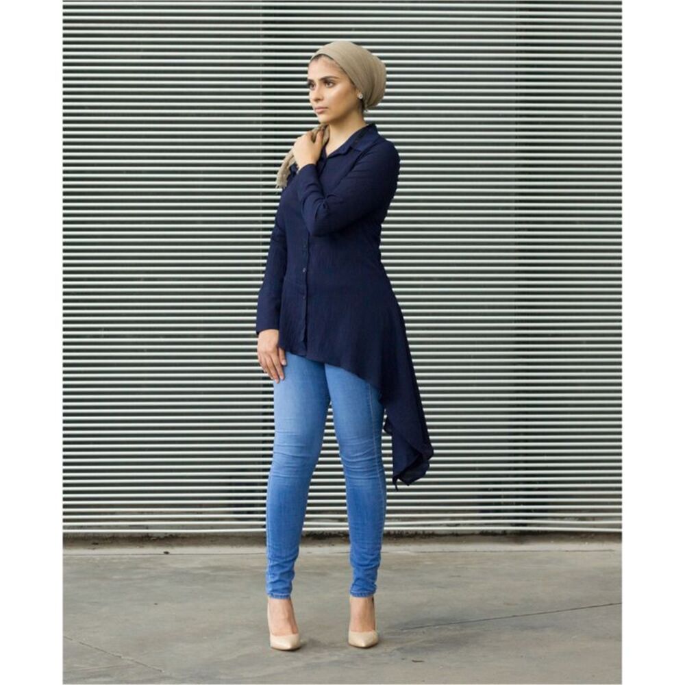 Verona Collection Womens Modest Button Down Blouse, Blue, L, DM